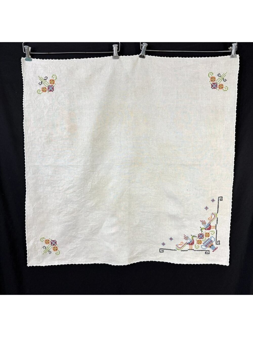 Embroidered Tablecloth Cross Stitch Design Flowers Birds Square Vintage 1950s